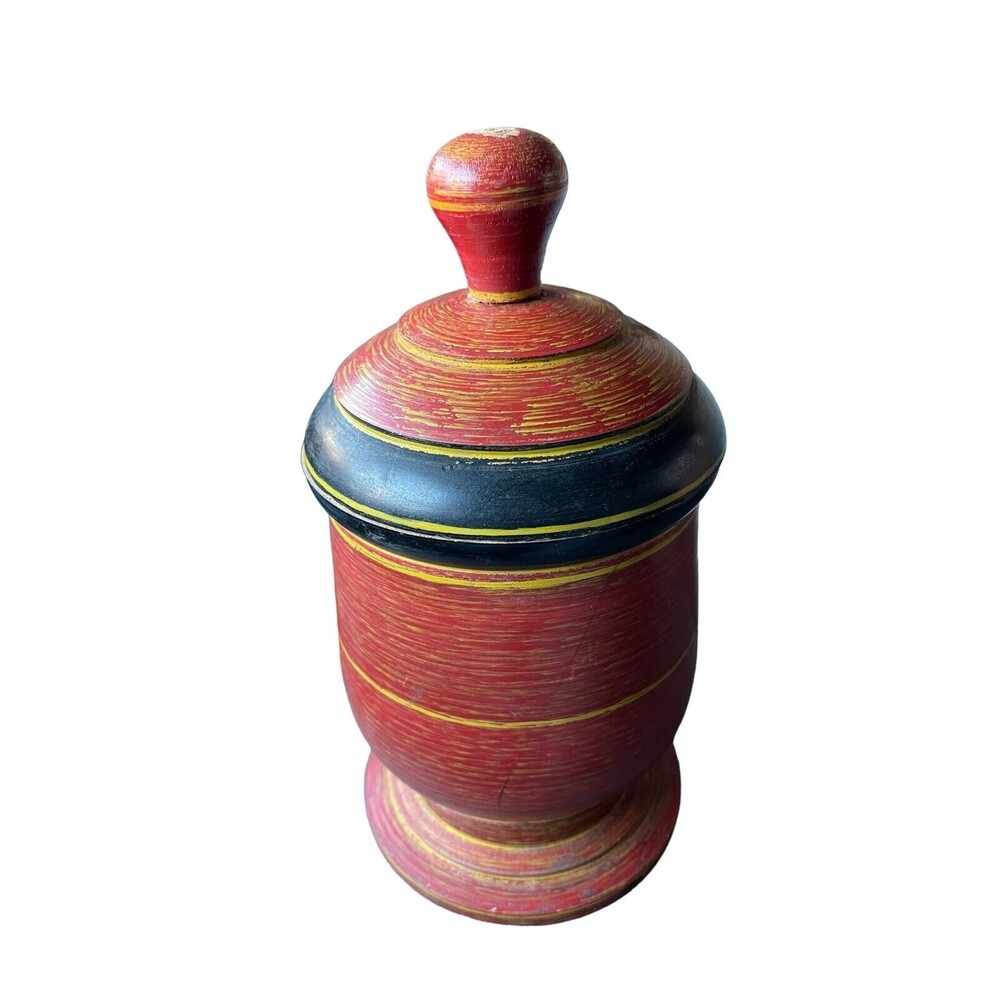 Vintage Wood Tika Box Spice Box Tea Box Hand Carved Lacquer Painted Ring Designs